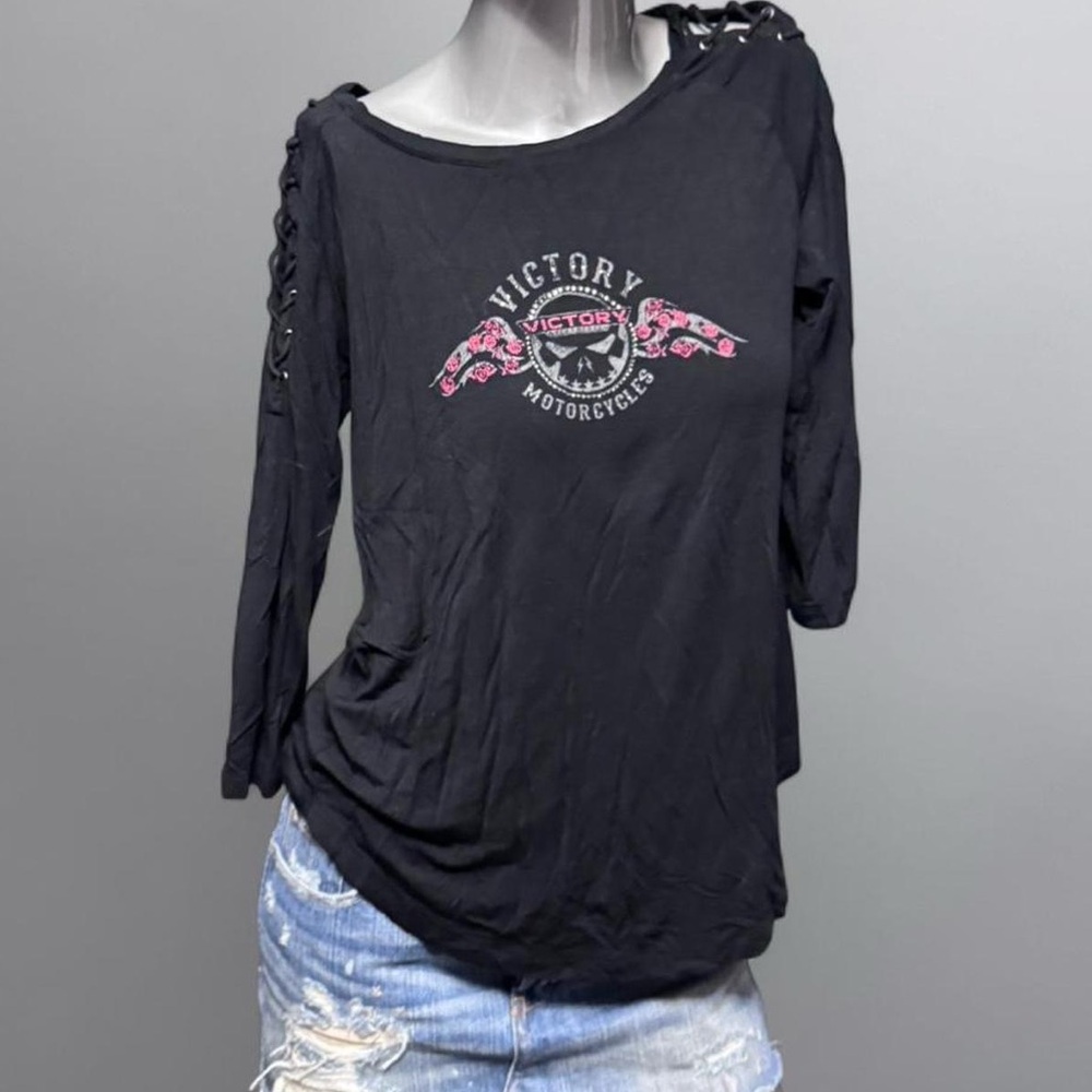 Victory Rhinestone-Detail Vintage Y2K Shirt W/ Lace-Up Sleeves.